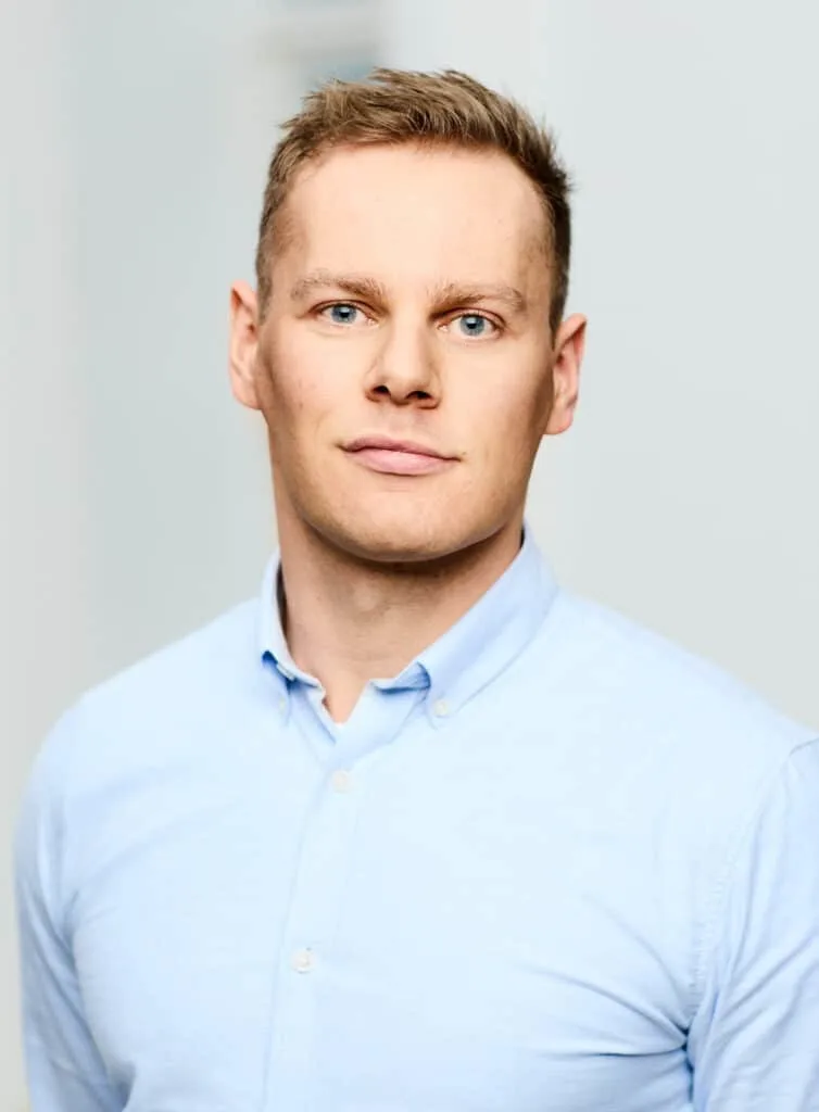 a man in a blue shirt